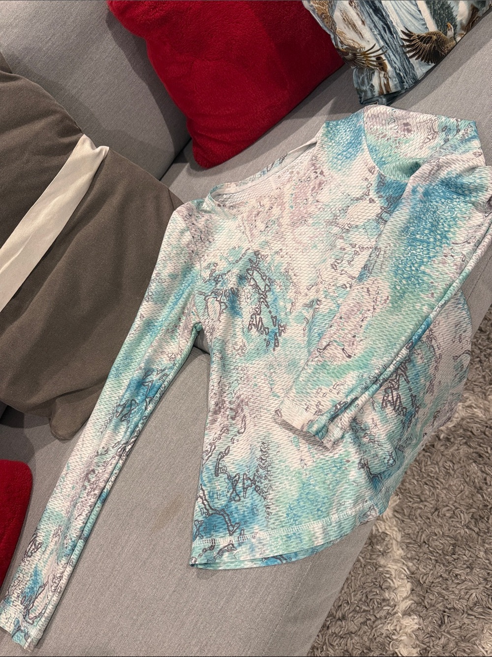 Women's Long Sleeve Snake Print Tennis Top in Aqua, Grey and White